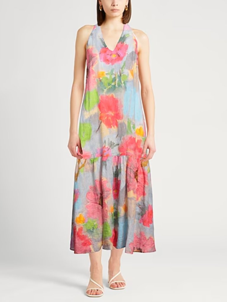New 120% Lino Full Length Dress In Fuchsia Floral Size 40 It/ Us 6